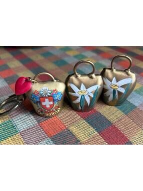 Vintage Swiss Cowbell Charm Lot Edelweiss Switzerland Souvenir Set